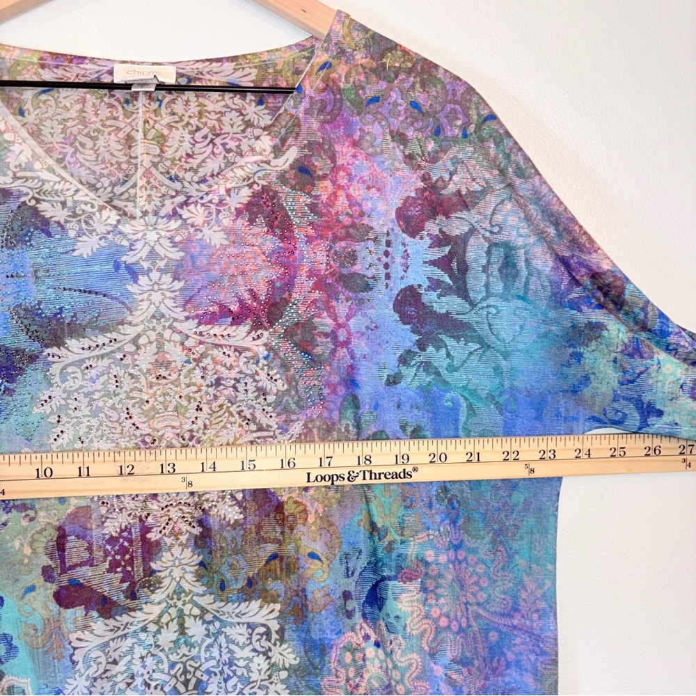Chico's Blue Rainbow Graphic Tie Front Blouse 3/4 Sleeve Women’s Size 1 - Picture 8 of 11